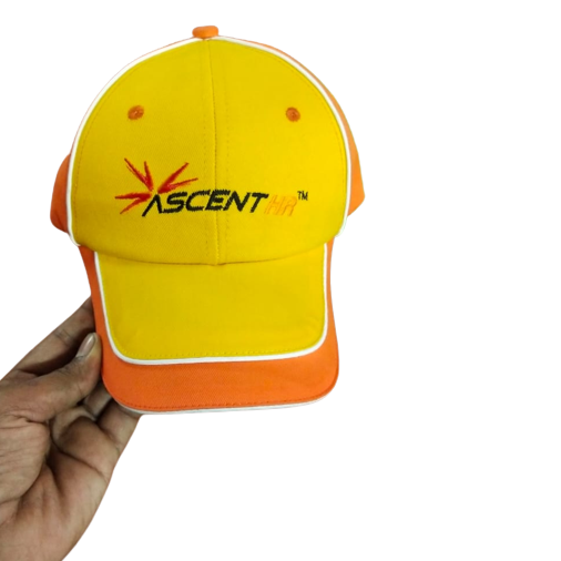 Yellow cap with orange detailing with ascent logo